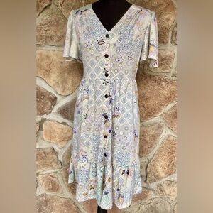 Monteau Cream and Purple Patterned Midi Dress